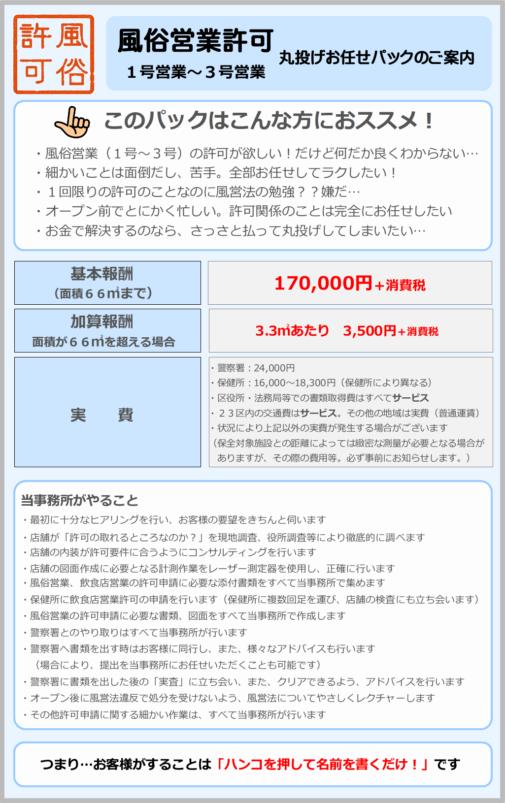 東京都内の風俗営業許可・風営法手続きが専門の富岡行政法務事務所・風営法の手続き相談センターでは、風俗営業（１号～３号：キャバクラ、ホストクラブ等）の手続きを、お得な価格で提供しています。新規に許可を取る際の基本報酬は170,000円＋税で、広さに応じて加算報酬が加わります。